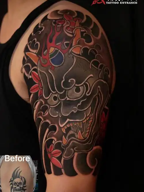 日式般若遮盖_纹身图案手稿图片_施道明的纹身作品集