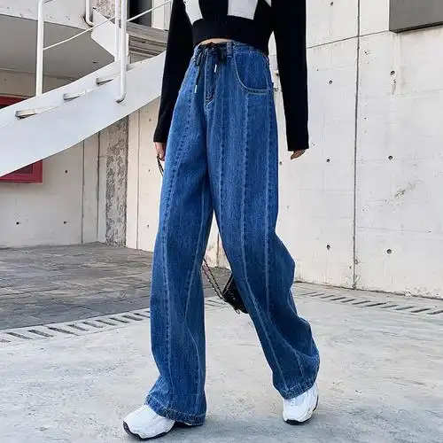 实拍韩国原创 抖音爆款at 中高腰垂感拖地抽绳调节牛仔裤女