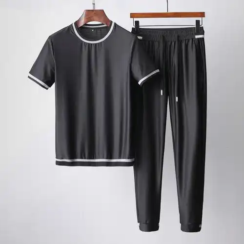 套装夏季新款男士撞色丝滑弹力薄款透气圆领休闲运动套装