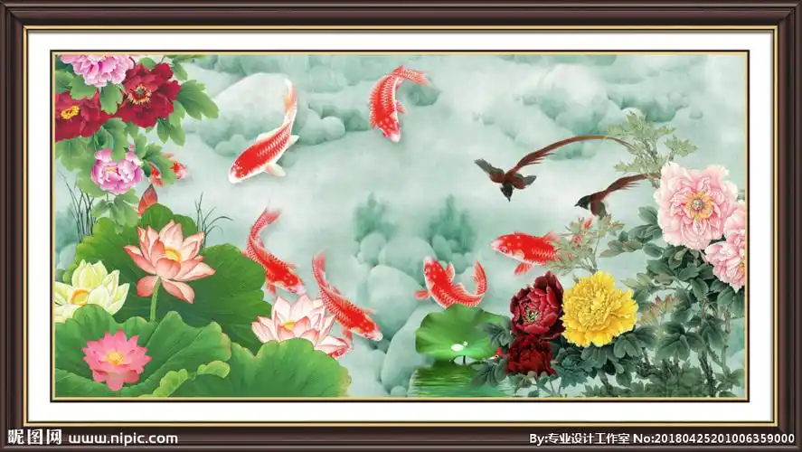 牡丹九鱼图图片