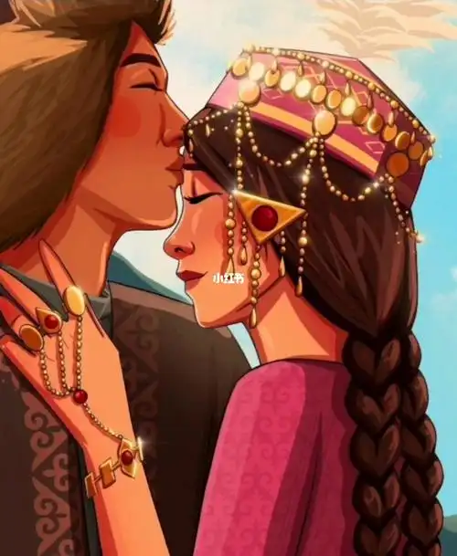 艺术热门哈萨克手绘情侣插画