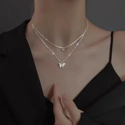 2021年新款小众蝴蝶双层项链女纯银网红925