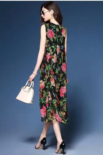 新款碎花印花真丝连衣裙长裙背心长款桑蚕丝裙子女夏季 黑色 2xl