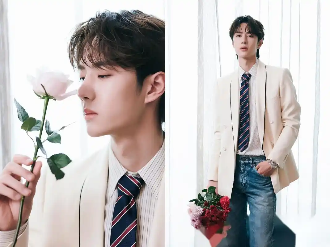 王一博白色西装王一博 少年和花,好配好搭! 期待今晚酷盖跨界变魔术