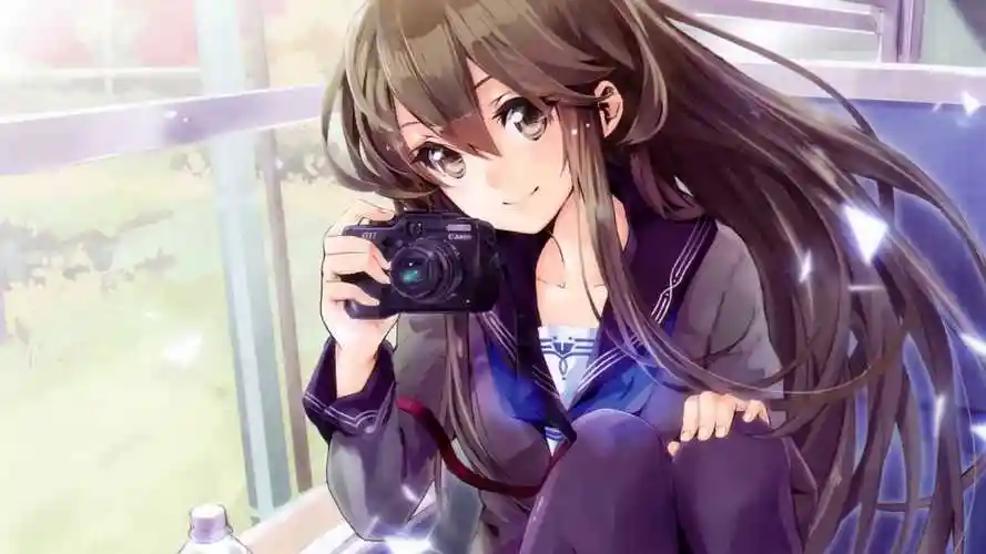 女孩,火车,窗口,照相机,动漫桌面壁纸