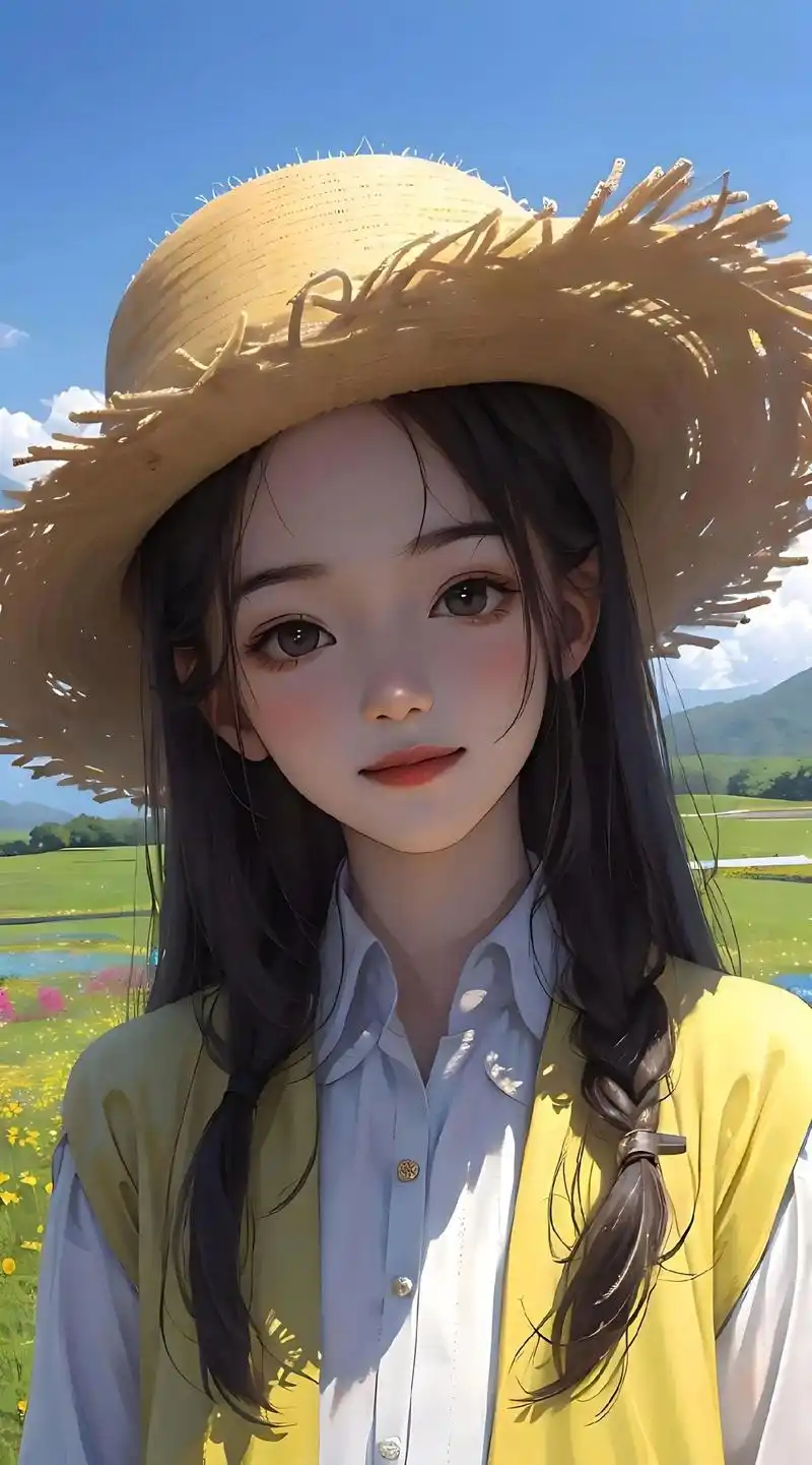 初夏的草帽女孩拿出手机治愈你
