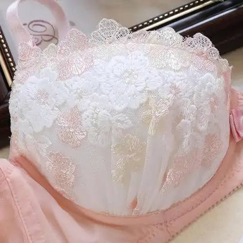 轻奢日系甜美可爱立体刺绣花朵少女聚拢文胸套装有钢圈大码内衣