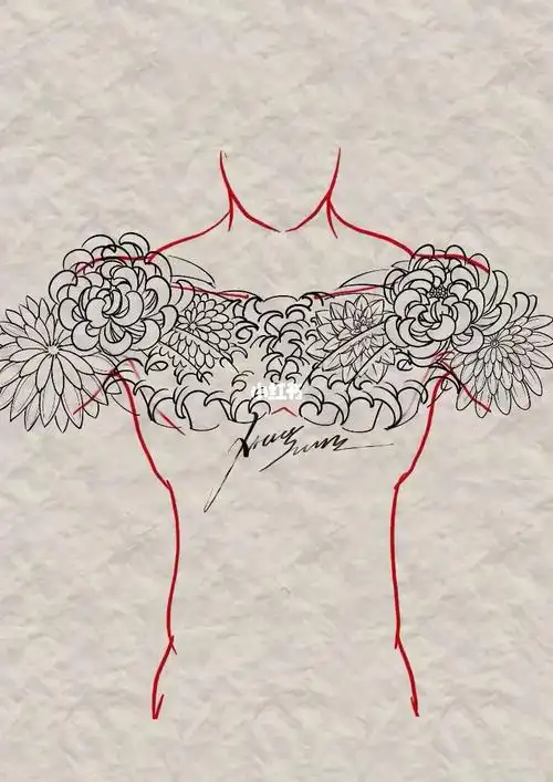 菊花花胸手稿设计,传统手稿设计,广州纹身工作室,老传统手稿设计,花胸
