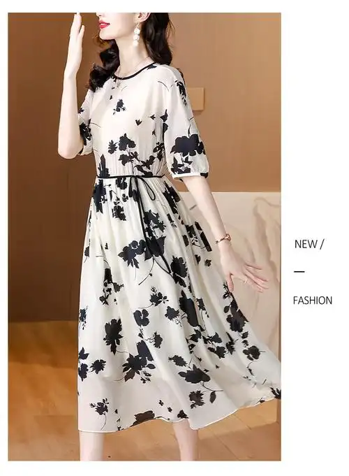 重磅真丝连衣裙夏季新品杭州桑蚕丝气质减龄显瘦中长款丝绸裙子