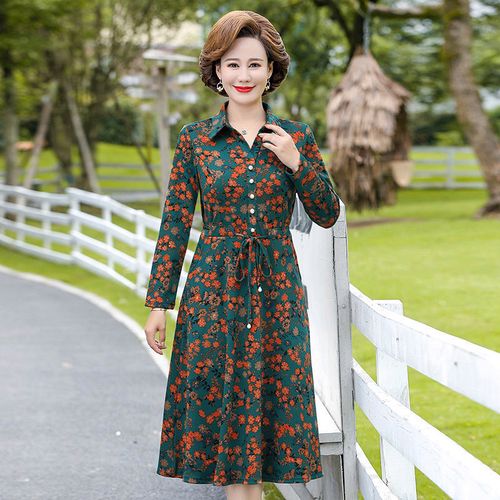 中老年春秋连衣裙长袖长款过膝