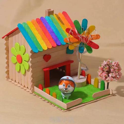 棒]手工房子玩具材料diy包儿童制作幼儿园益智建筑雪糕小木屋模型