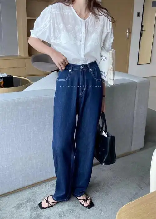 leaves深蓝色高腰牛仔裤女显高显瘦夏薄款宽松筒裤牛仔裤