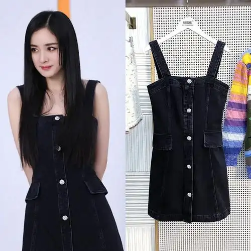 明星杨幂同款衣服22春夏新款钻扣牛仔背带裙女收腰吊带露背连衣裙