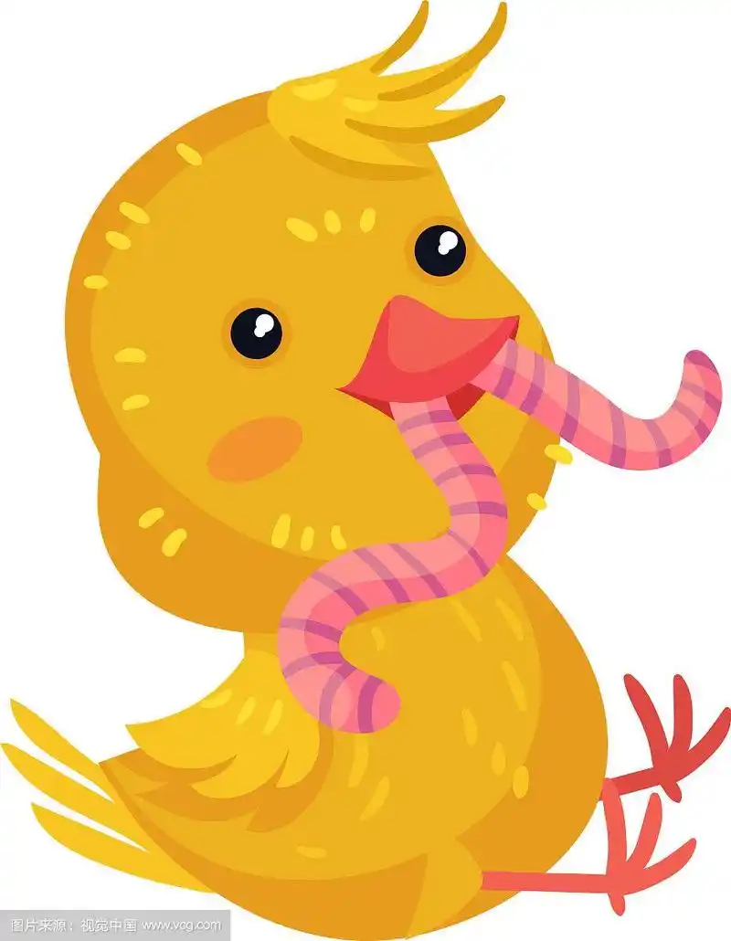 黄色的卡通小鸡吃了一只虫子