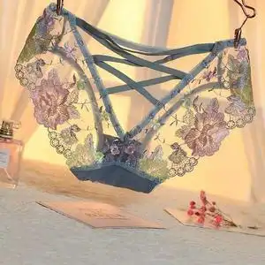 小清新蕾丝女士内裤女性感中国风镂空女生冰丝全透明网纱刺绣裤头