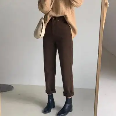咖色冬季梨形身材高腰显瘦大码小个子直筒九分烟管牛仔裤