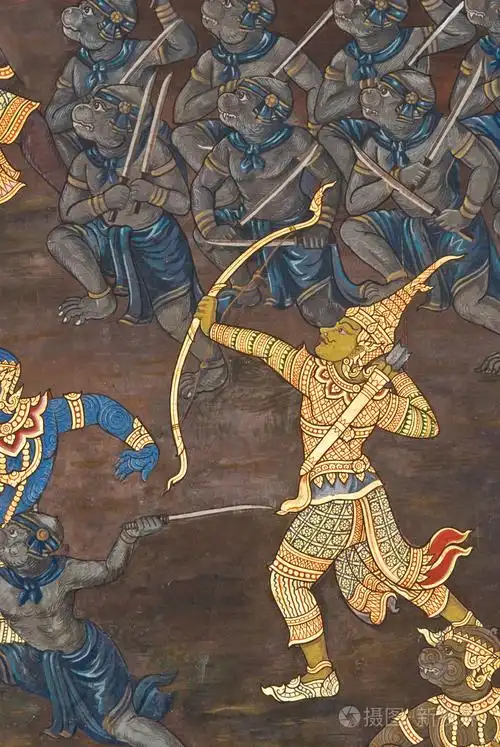 在曼谷,泰国的寺庙墙上的传统泰式风格绘画艺术的杰作