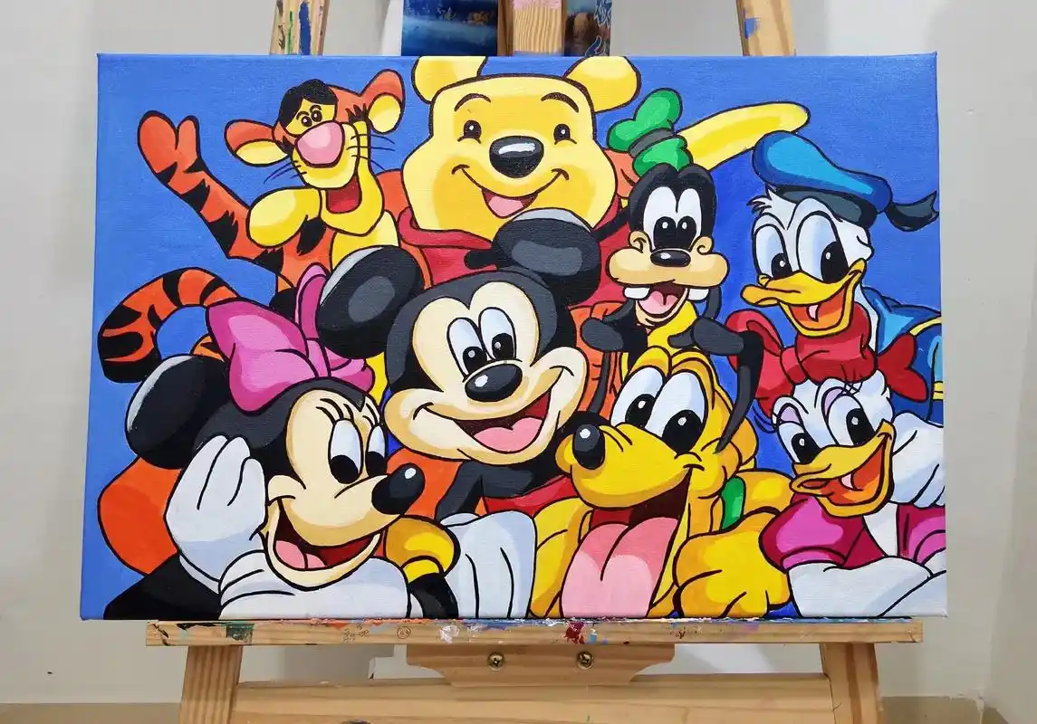 手绘丙烯画迪士尼全家福