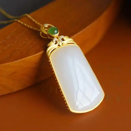 天然和田玉吊坠 平安无事牌 毛衣链羊脂玉项链女 925银古法金镶嵌