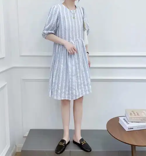 设计感法式新款宫廷风蓝色仙女裙韩版泡泡纱条纹连衣裙2021年夏季