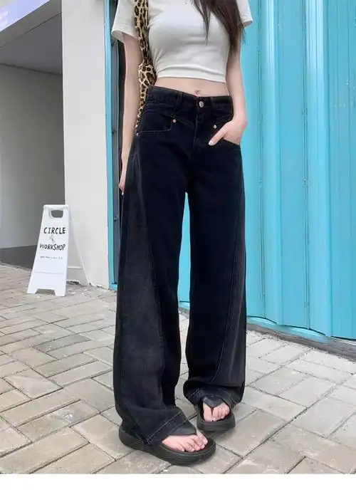 大码复古黑色牛仔裤女春夏胖mm设计感高腰显瘦宽松直筒阔腿拖地裤