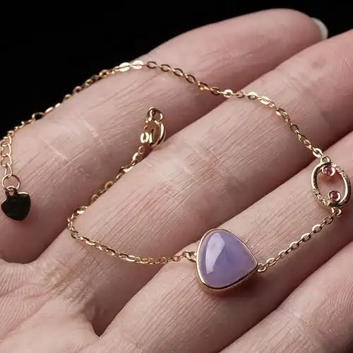 卡尼亚拍卖18k伴钻镶嵌天然a货翡翠好种紫罗兰心形手链拍卖1.83g