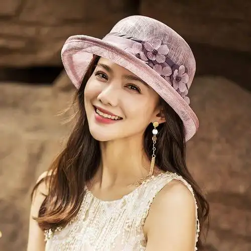 防晒夏季新款麻纱帽子女士时尚轻卷边宽檐遮阳帽复古宴会礼帽夏