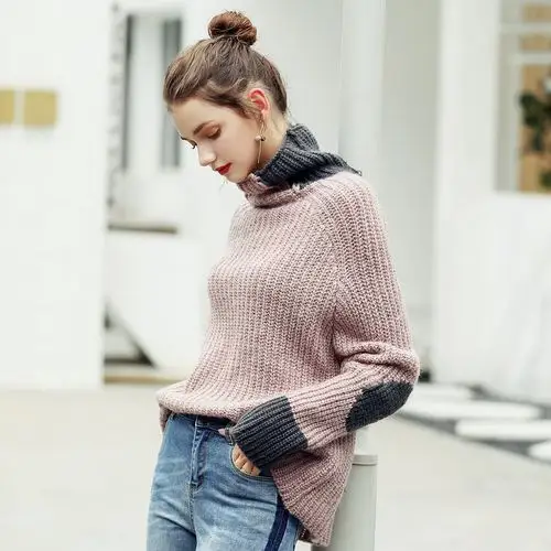 2018秋冬新款韩版高领撞色毛衣女宽松套头慵懒风百搭打底针织衫