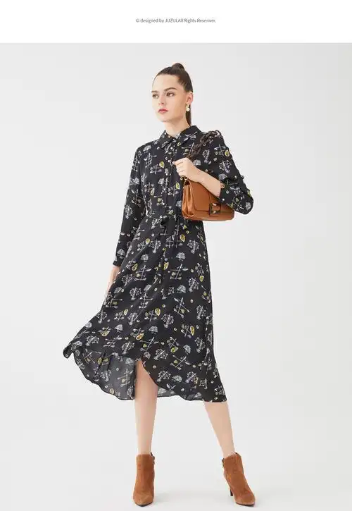 玖姿2021春季新款时尚不规则收腰雪纺女连衣裙 花黑 xl