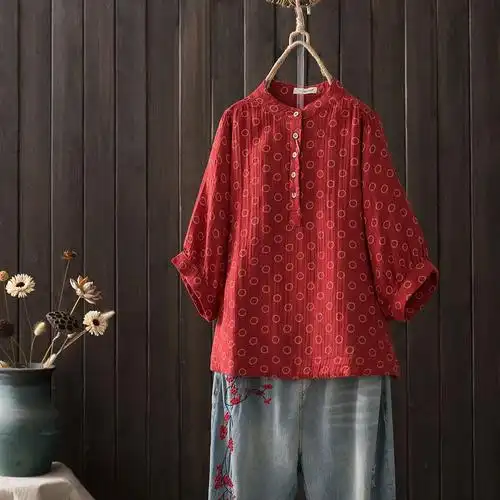 文艺复古棉麻衬衫女夏季新款圆圈印花七分袖套头上衣宽松棉纱衬衣