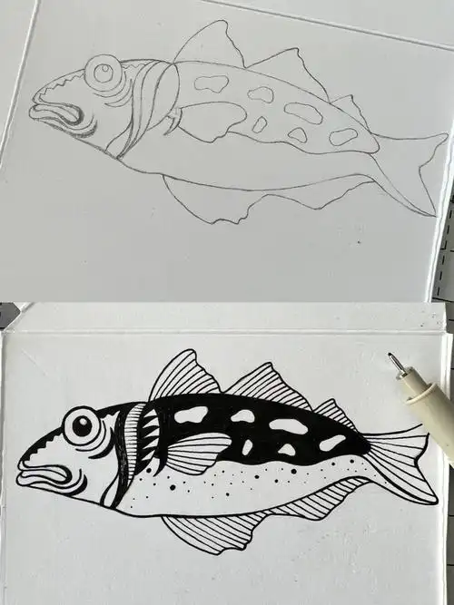 手绘  #针管笔手绘  #手绘鱼  #鱼创意美术  #线描画  #黑白线描