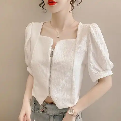 短袖雪纺短款上衣女夏