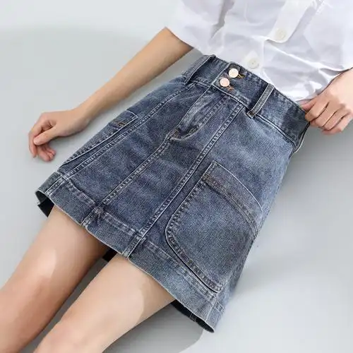 高腰弹力牛仔a字裙双排扣甜美风牛仔短裙夏日新款减龄美腿女裙子