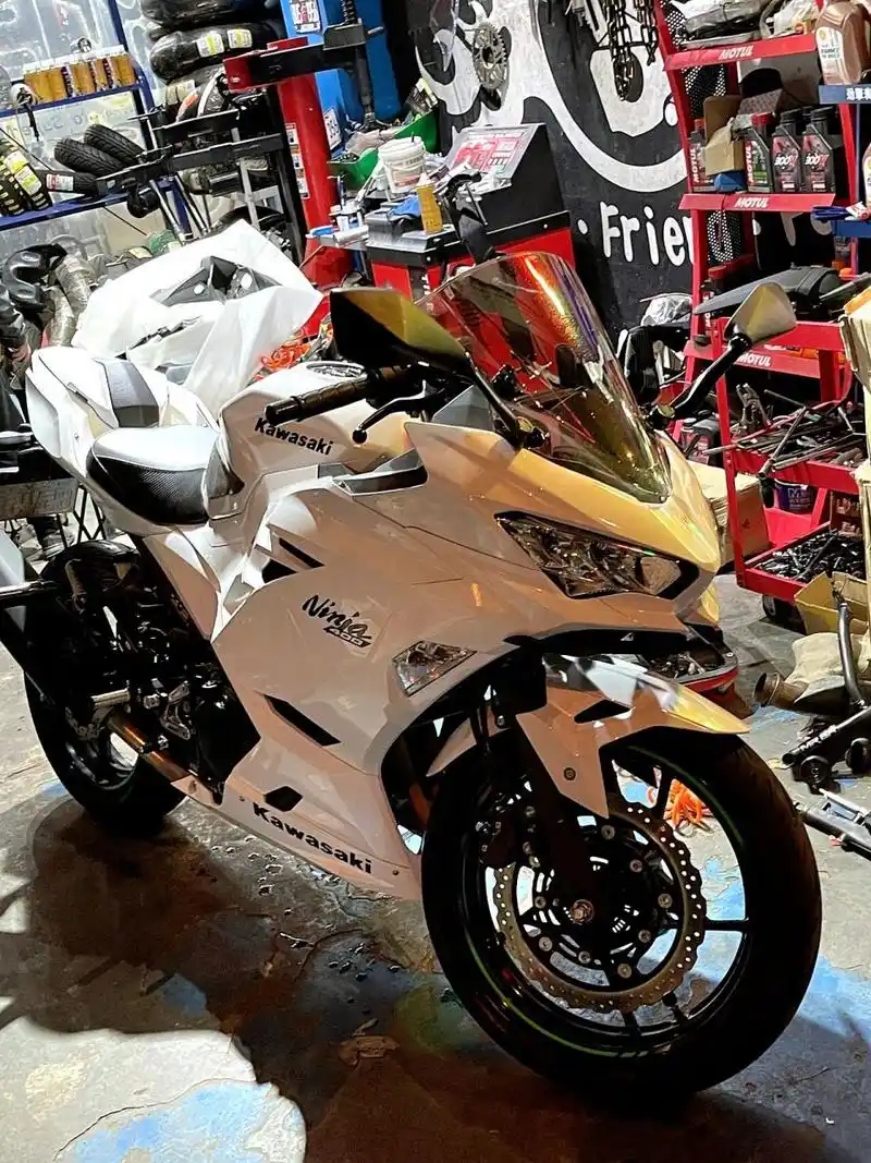 川崎白忍者ninja400 自从赛道漏塞之后,原厂前挡泥板干断,排气掉了