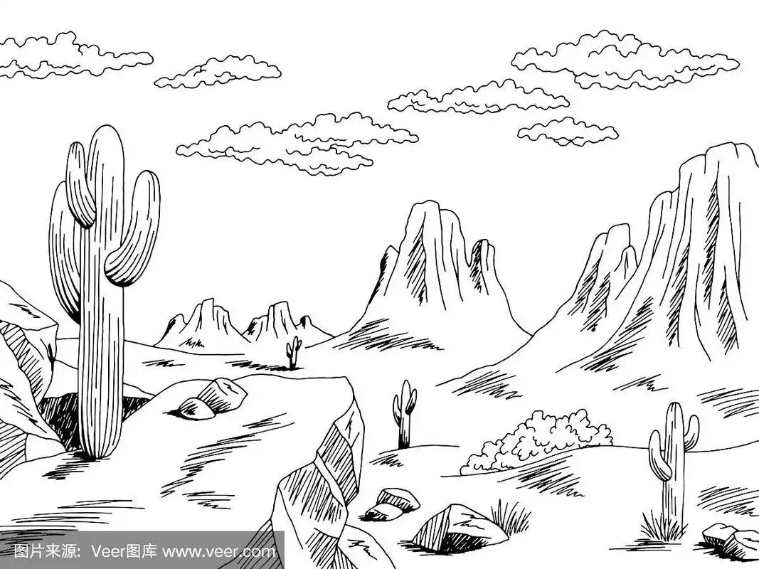 草原图形黑白狂野西部沙漠景观素描插图向量