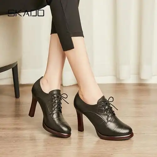 防水台女高跟鞋冬季加绒窝窝鞋粗跟圆头女士皮鞋单鞋羊皮复古女鞋