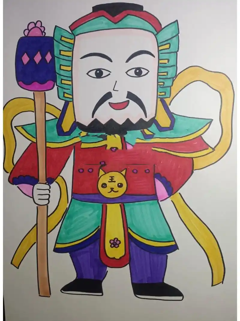 创意美术《新年门神》儿童画 1,工具材料: 马克笔,勾线笔,卡纸 2,适合