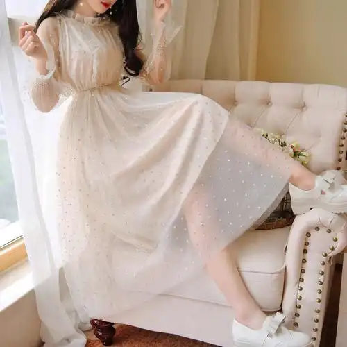 2018春季新款韩版名媛荷叶边网纱裙蕾丝镂空亮片中长款仙女连衣裙