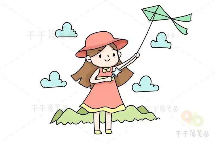 治愈系女孩简笔画随风筝飘向远方