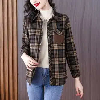 恒源祥时尚复古格子长袖女士外套秋季2023新款休闲显瘦衬衫上衣女春秋