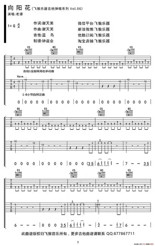 谢天笑《向阳花(g调双吉他版)》吉他谱