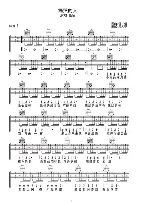伍佰《痛苦的人》吉他谱_g调吉他弹唱谱