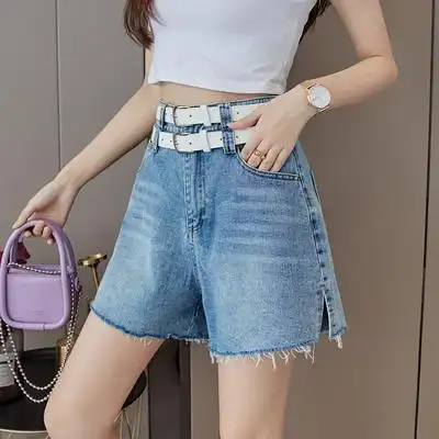 实拍2021牛仔短裤女夏新款潮ins高腰显瘦宽松网红热裤送腰带