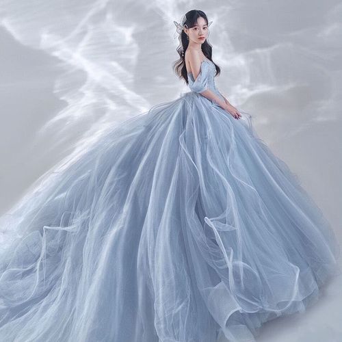 影楼主题蓝色公主风拖尾婚纱情侣户外甜美摄影旅街拍照礼服装彩纱