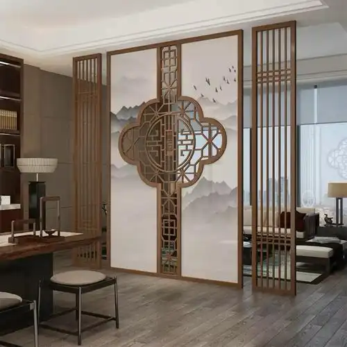 新中式入户玄关客厅餐厅遮挡花格装饰背景墙