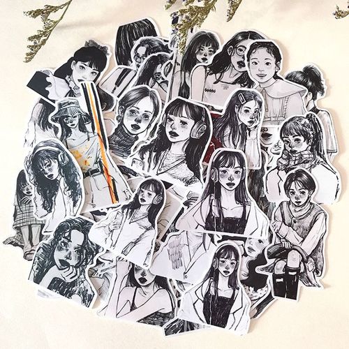 爆款女孩贴纸少女心手绘黑白素描线条手帐贴画ins风日记相册装饰