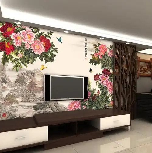 国色天香花开富贵电视背景墙