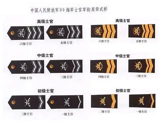 海军四级军士长的主要标识为,深藏青色肩章底版上,缀有金色缀有将色