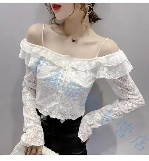 辣妹穿搭少女孩子网红荷叶边蕾丝衫女设计感喇叭袖锁骨吊带背心杏色l