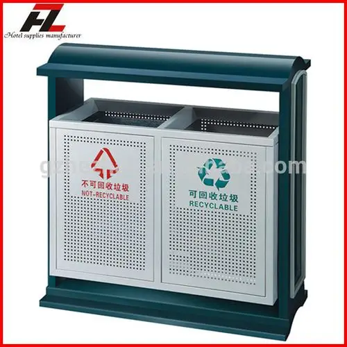 street metal painted trash recycling bin / public park trash bin